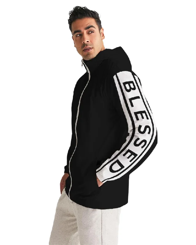 Geometric Jackets for Modern -Designer jackets for men -Mens Hooded Windbreaker - Blessed Sleeve Stripe Black Water Resistant Jacket - J7NP0X